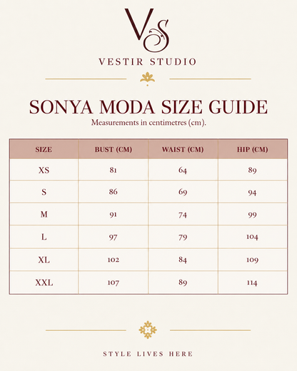 Sonya Moda women’s size guide showing sizes XS to XXL with bust, waist and hip measurements in centimetres.
