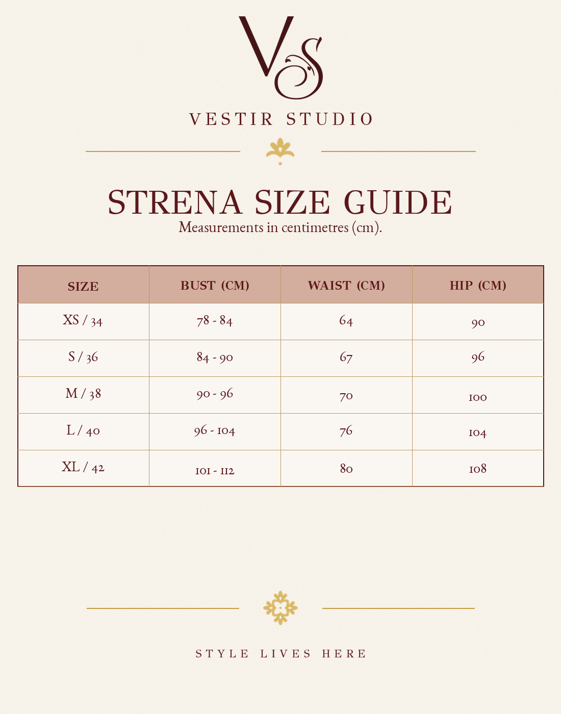 Strena women’s size guide showing sizes XS/34 to XL/42 with bust, waist and hip measurements in centimetres.
