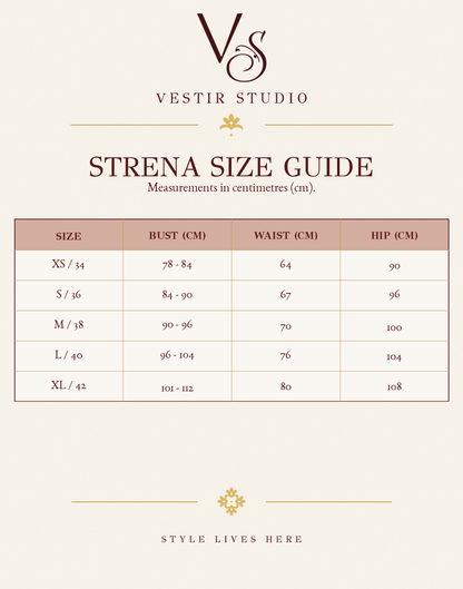 Strena women’s size guide showing sizes XS/34 to XL/42 with bust, waist and hip measurements in centimetres.
