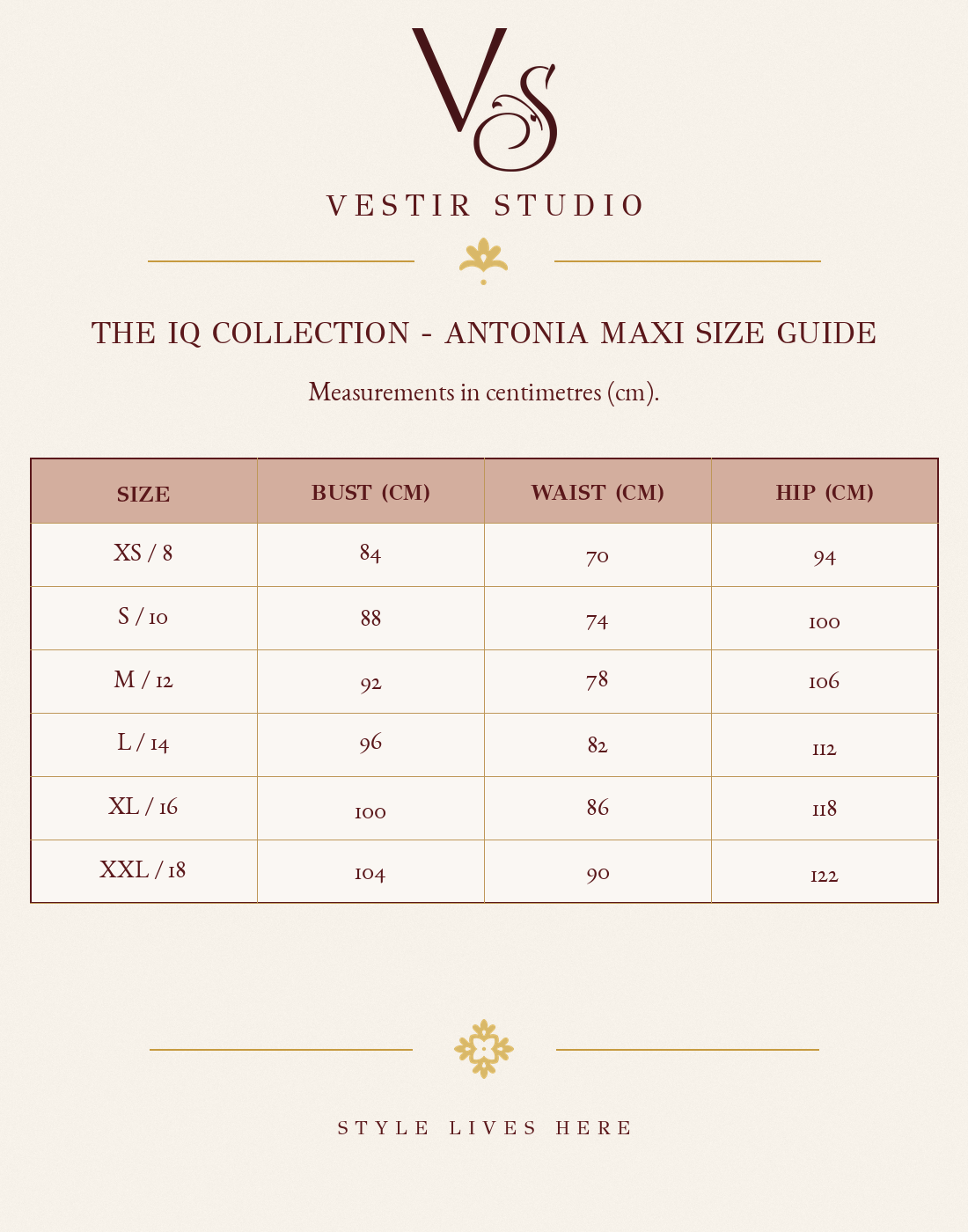 The IQ Collection Antonia Maxi size guide showing sizes XS/8 to XXL/18 with bust, waist and hip measurements in centimetres.
