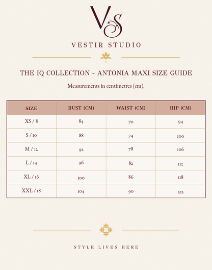 The IQ Collection Antonia Maxi size guide showing sizes XS/8 to XXL/18 with bust, waist and hip measurements in centimetres.
