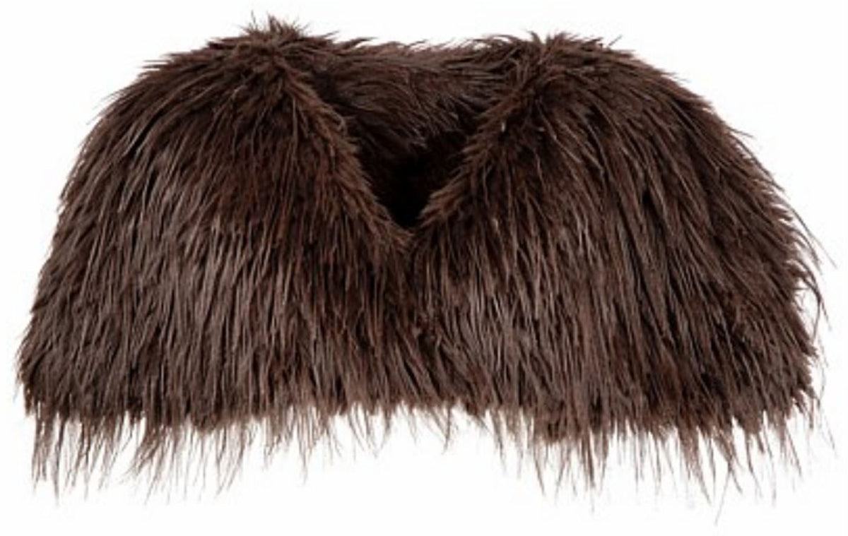 The Two Mrs Grenvilles chocolate faux fur shrug showing the cropped open-front shape and long-pile textured finish. 
