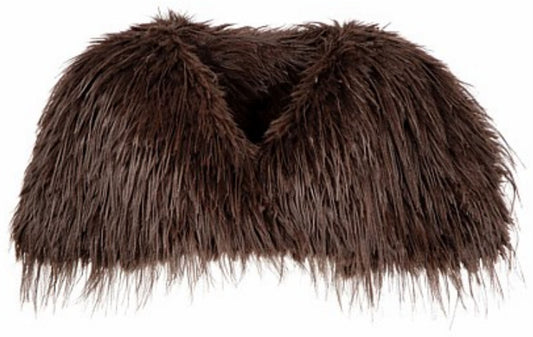 The Two Mrs Grenvilles chocolate faux fur shrug showing the cropped open-front shape and long-pile textured finish. 
