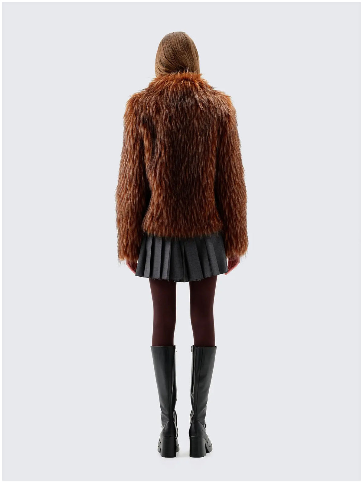 Back view of Unreal Fur Fur Delish brown faux fur jacket showing the full faux fur texture, straight fit and long sleeves. 
