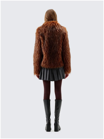 Back view of Unreal Fur Fur Delish brown faux fur jacket showing the full faux fur texture, straight fit and long sleeves. 
