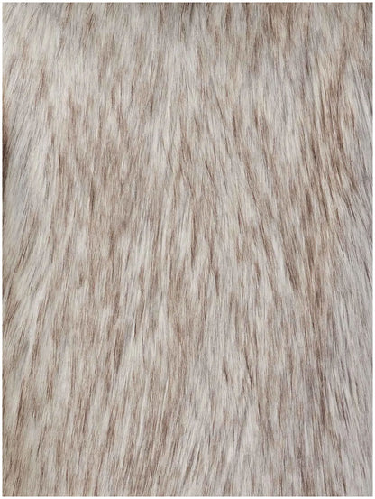 Close-up detail of Unreal Fur Nord Cape in natural showing the long-pile faux fur texture with beige, taupe and soft grey tonal variation. 
