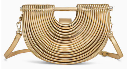 Verano Hill Amara gold handbag with layered ribbed semicircle structure and top bar handle, front view. 
