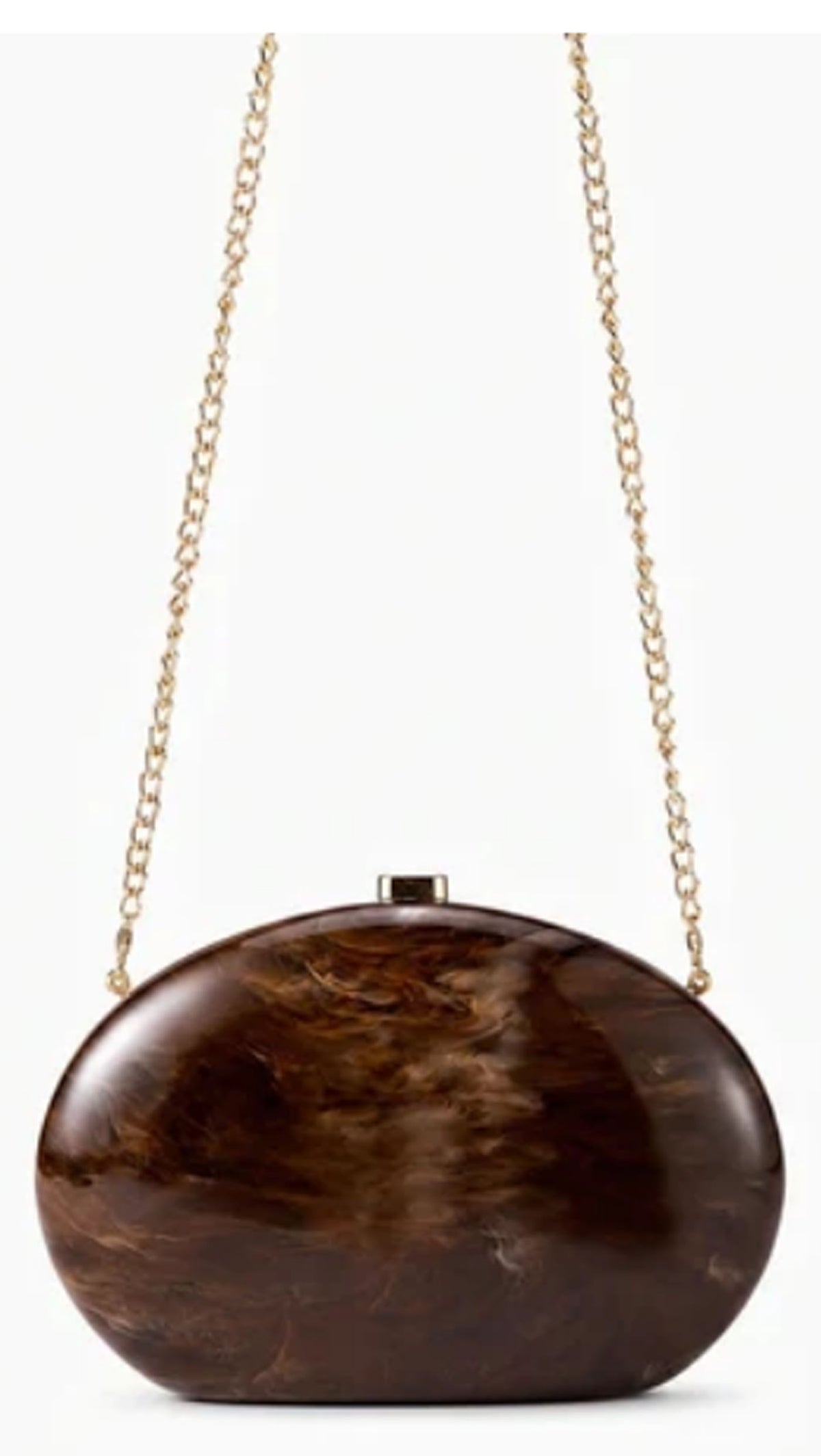 Verano Hill Amber brown marbled clutch with detachable gold-tone chain strap. 
