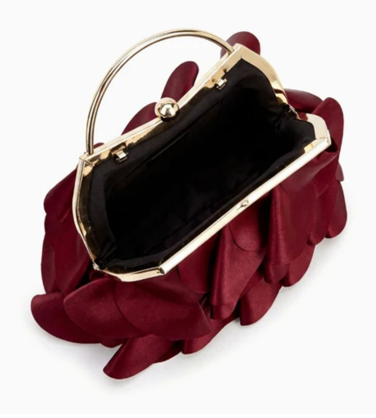 Open view of Verano Hill Colette burgundy ruffle bag showing the black interior and gold-tone frame. 
