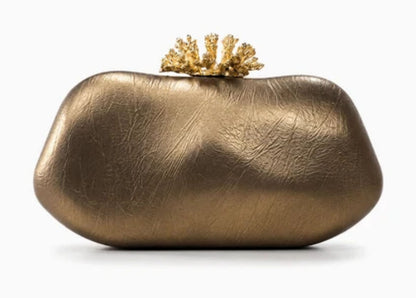 Verano Hill Coraline sculpted bronze bag with rounded silhouette and coral-inspired gold-tone clasp, front view. 
