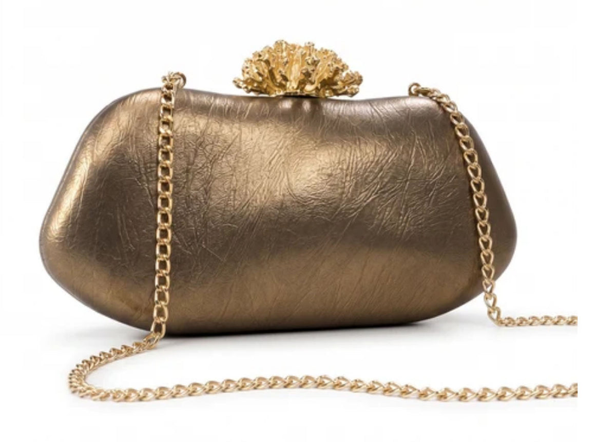 Verano Hill Coraline bronze sculpted bag with detachable gold-tone chain strap. 

